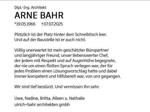 Arne Bahr Traueranzeige